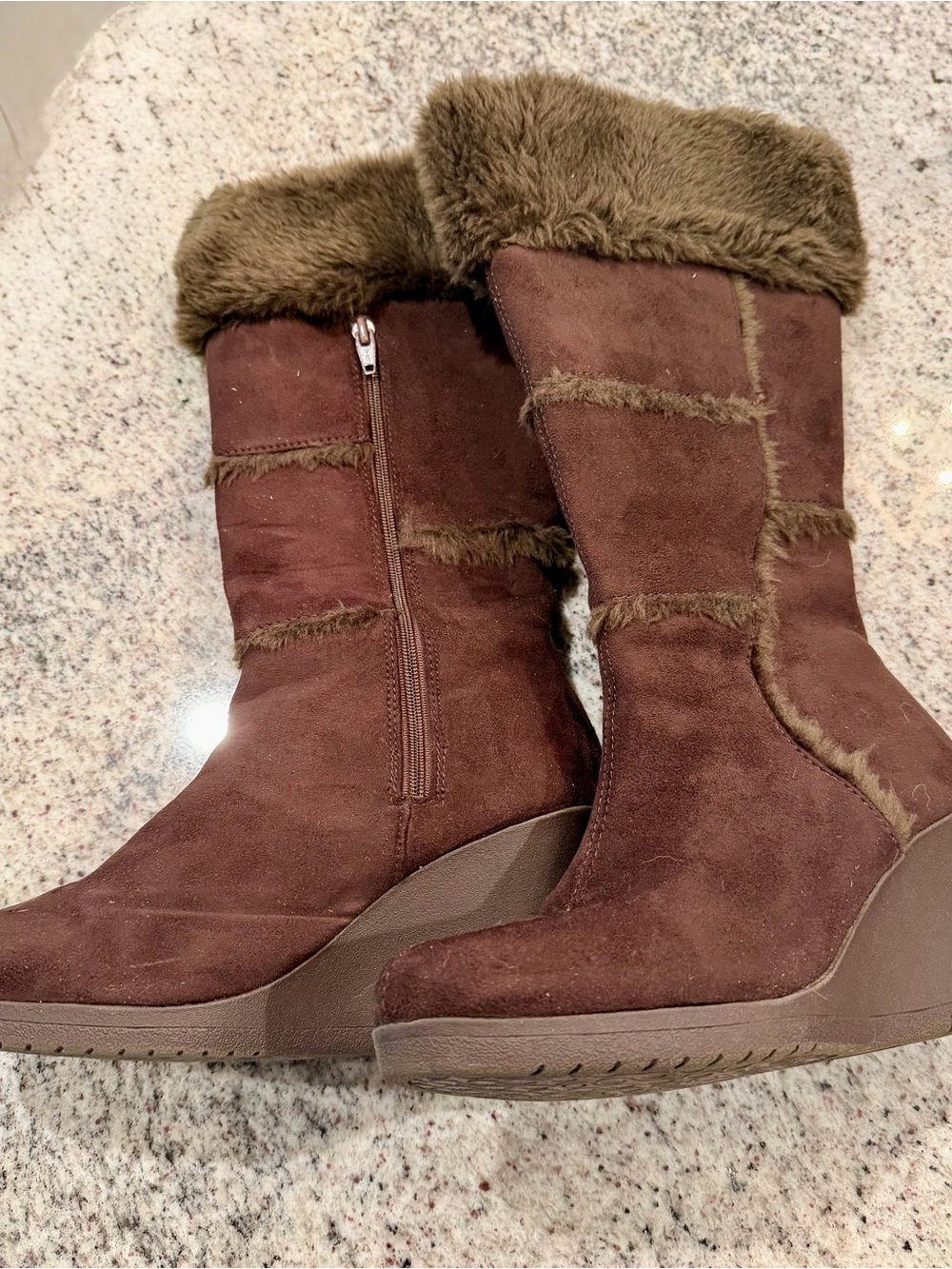 Women’s Brown Faux-Fur Suede Mid-Calf Wedge Boots
